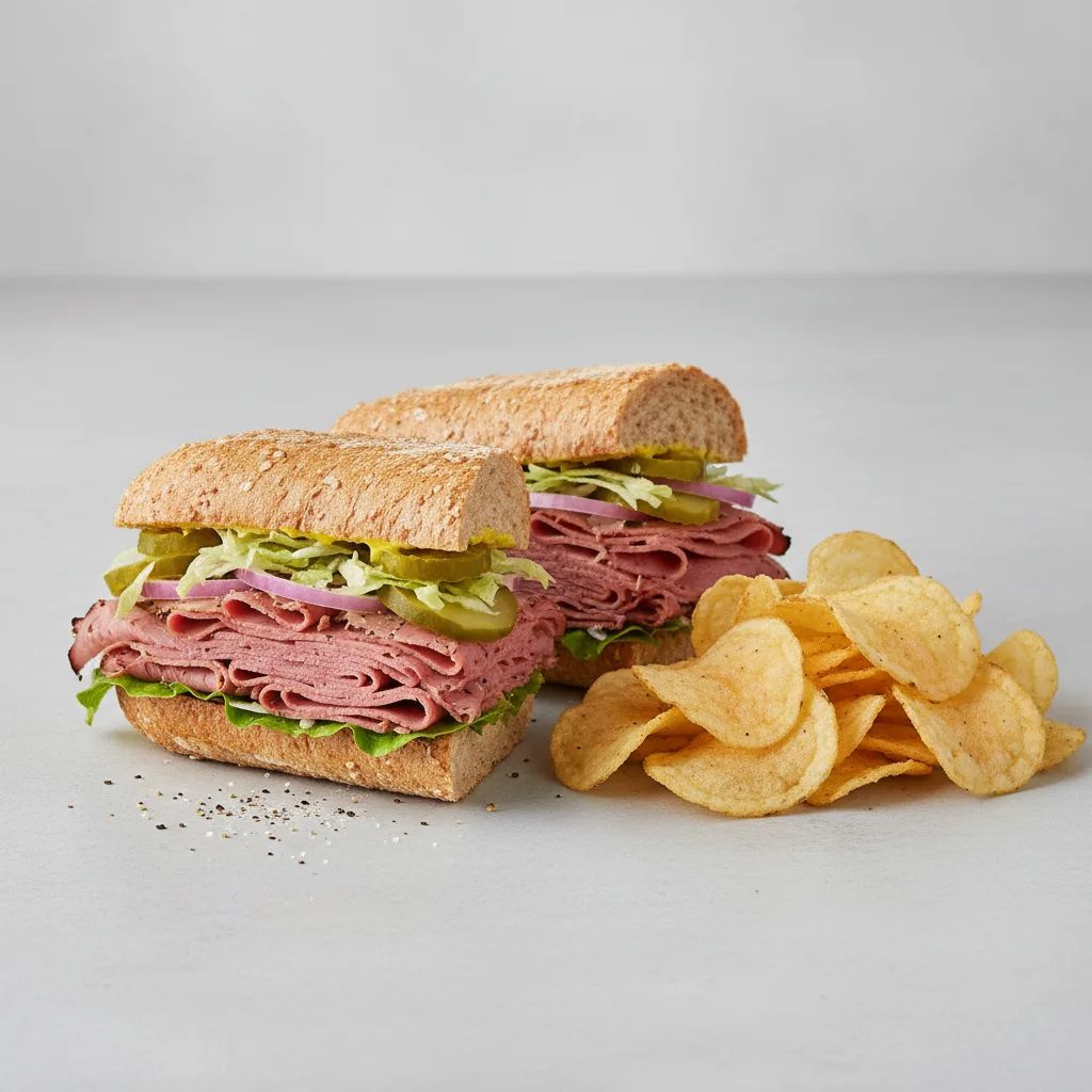 Hot Pastrami Sub on Wheat Bread with Lay's Classic Potato Chips (No Tomatoes) Hot Pastrami Sub on Wheat Bread with Lay's Classic Potato Chips (No Tomatoes)