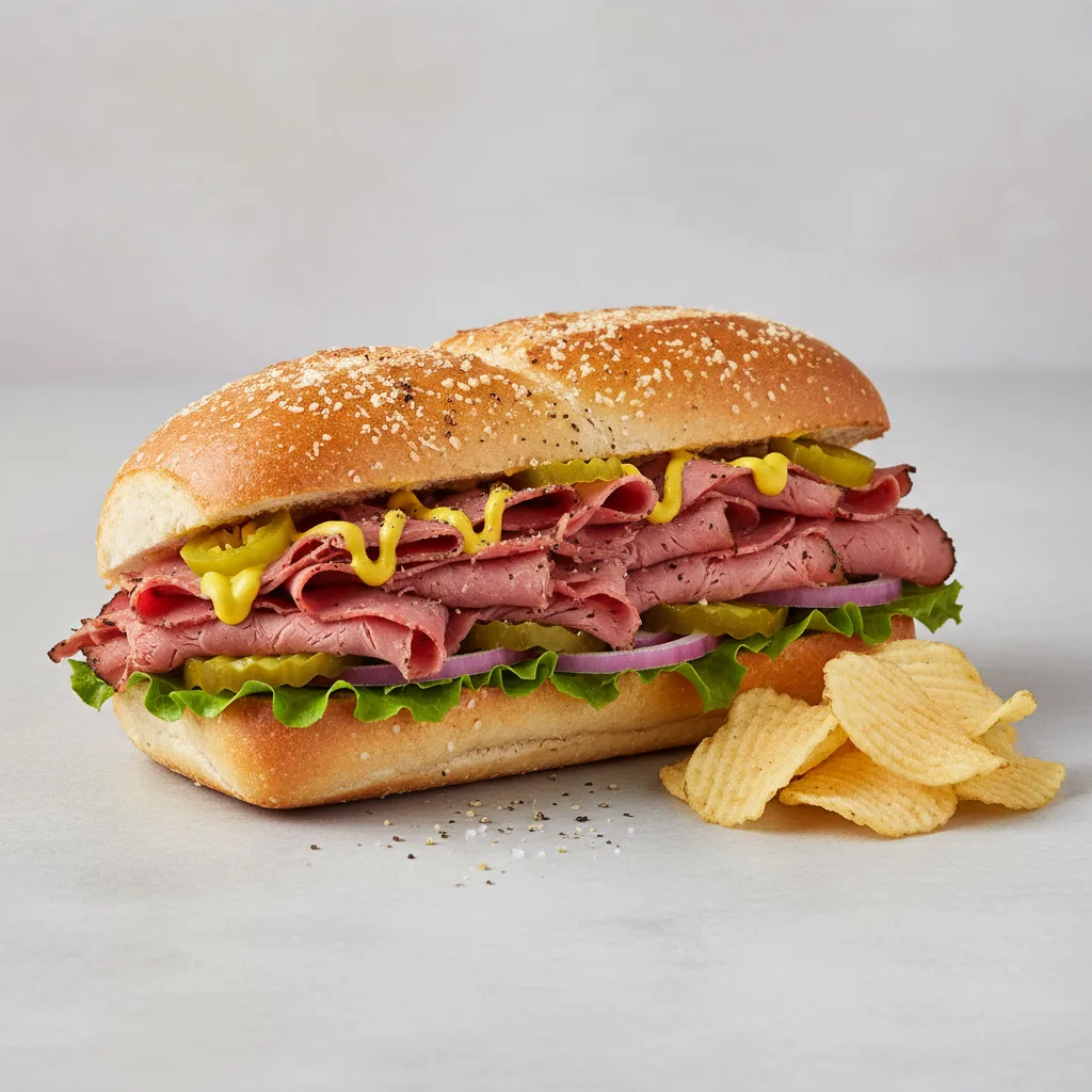 Hot Pastrami Sub on Parmesan Bread with Lay's Classic Potato Chips (No Tomatoes) Hot Pastrami Sub on Parmesan Bread with Lay's Classic Potato Chips (No Tomatoes)