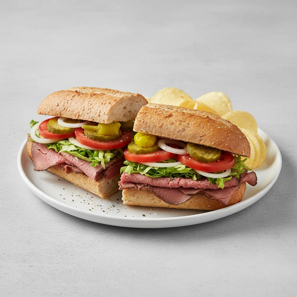 Roast Beef Sub on Whole Grain Wheat Bread with Lay's Classic Potato Chips Roast Beef Sub on Whole Grain Wheat Bread with Lay's Classic Potato Chips
