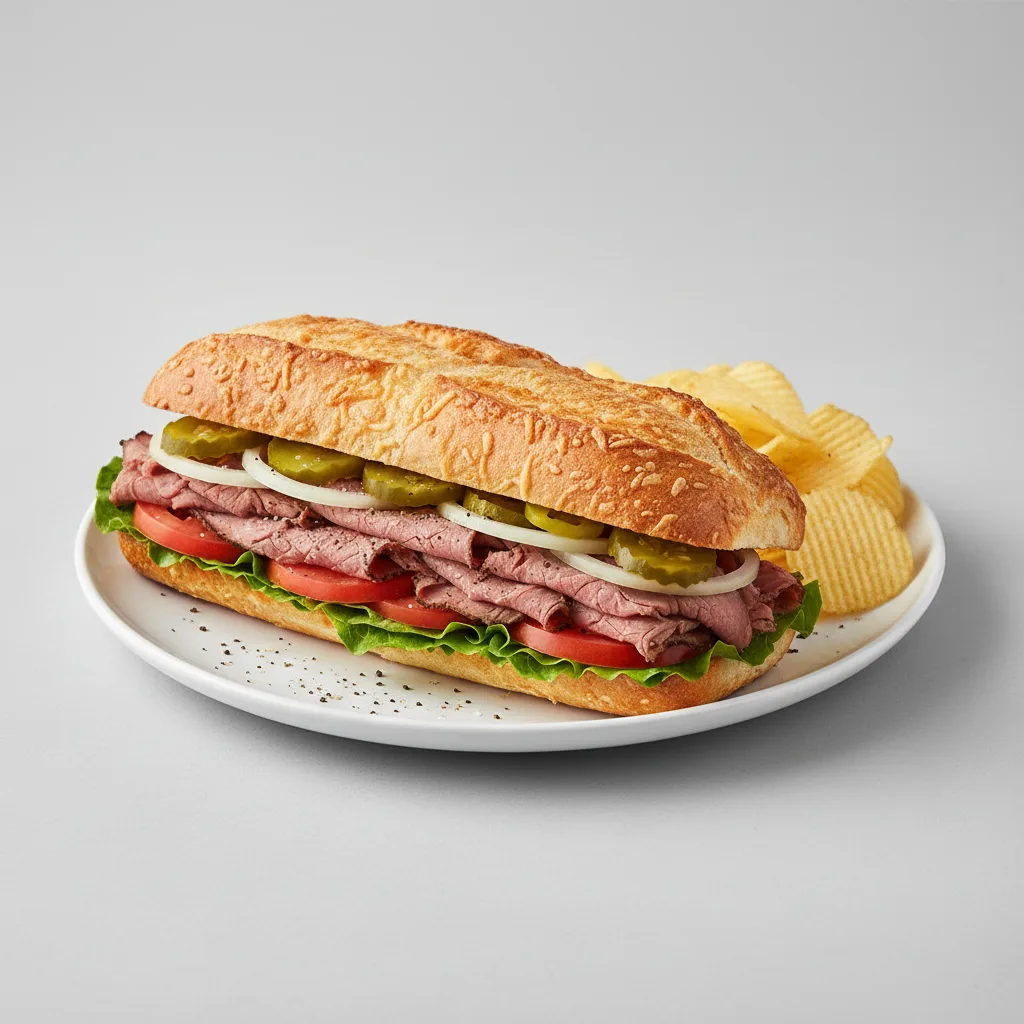 Roast Beef Sub on Parmesan Bread with Lay's Classic Potato Chips Roast Beef Sub on Parmesan Bread with Lay's Classic Potato Chips