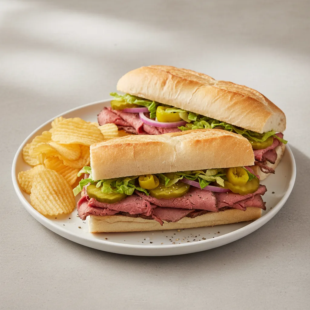 Roast Beef Sub on White Bread with Lay's Classic Potato Chips (No Tomatoes) Roast Beef Sub on White Bread with Lay's Classic Potato Chips (No Tomatoes)