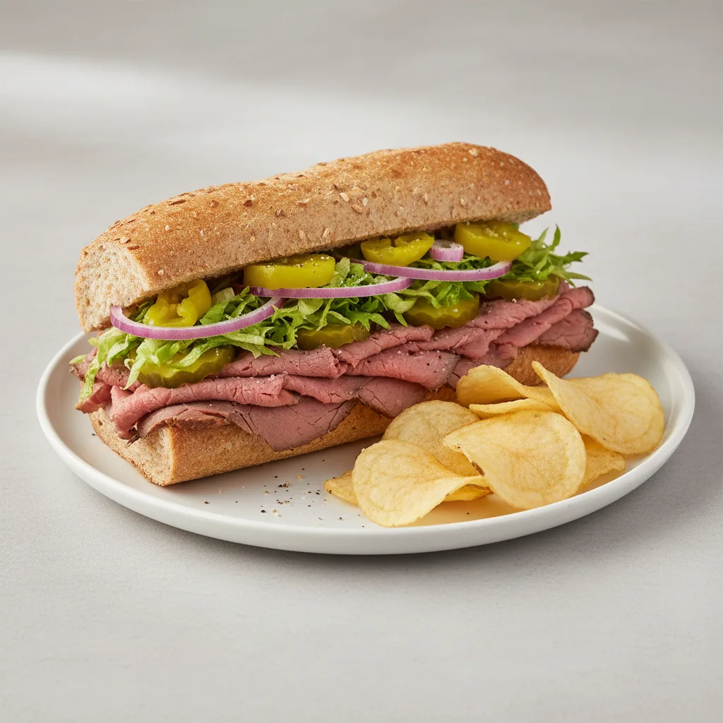 Roast Beef Sub on Wheat Bread with Lay's Classic Potato Chips (No Tomatoes) Roast Beef Sub on Wheat Bread with Lay's Classic Potato Chips (No Tomatoes)