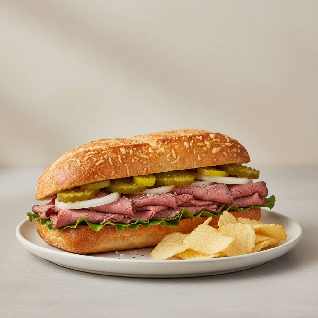 Roast Beef Sub on Parmesan Bread with Lay's Classic Potato Chips (No Tomatoes) Roast Beef Sub on Parmesan Bread with Lay's Classic Potato Chips (No Tomatoes)
