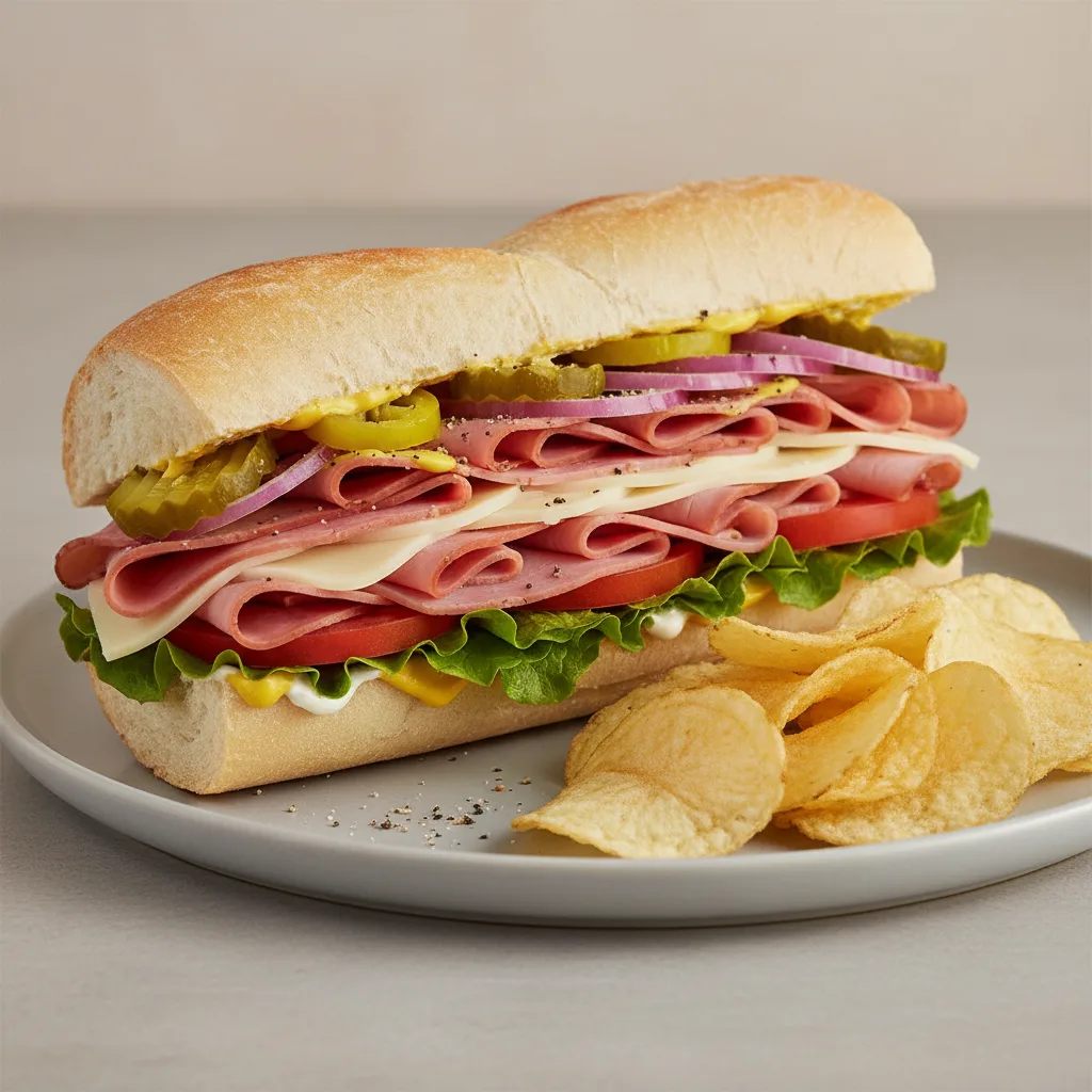 Ham and Swiss Sub on White Bread with Lay's Classic Potato Chips Ham and Swiss Sub on White Bread with Lay's Classic Potato Chips