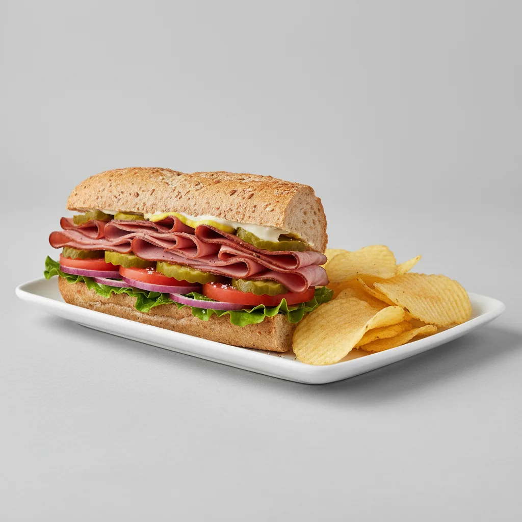 Ham and Swiss Sub on Whole Grain Wheat Bread with Lay's Classic Potato Chips Ham and Swiss Sub on Whole Grain Wheat Bread with Lay's Classic Potato Chips