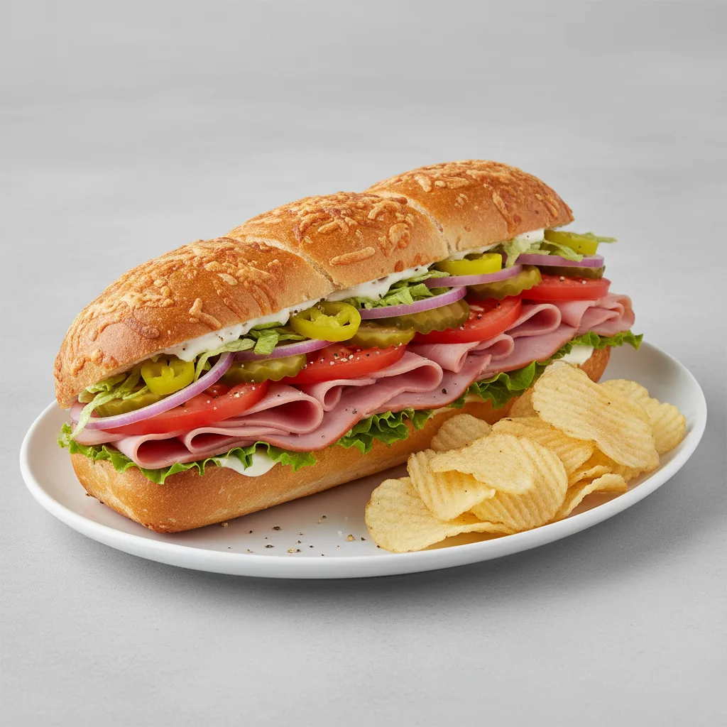 Ham and Swiss Sub on Parmesan Bread with Lay's Classic Potato Chips Ham and Swiss Sub on Parmesan Bread with Lay's Classic Potato Chips