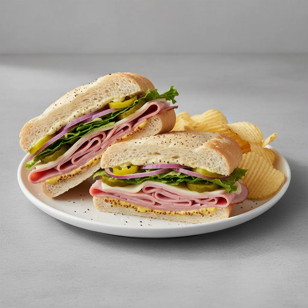 Ham and Swiss Sub on White Bread with Lay's Classic Potato Chips (No Tomatoes) Ham and Swiss Sub on White Bread with Lay's Classic Potato Chips (No Tomatoes)