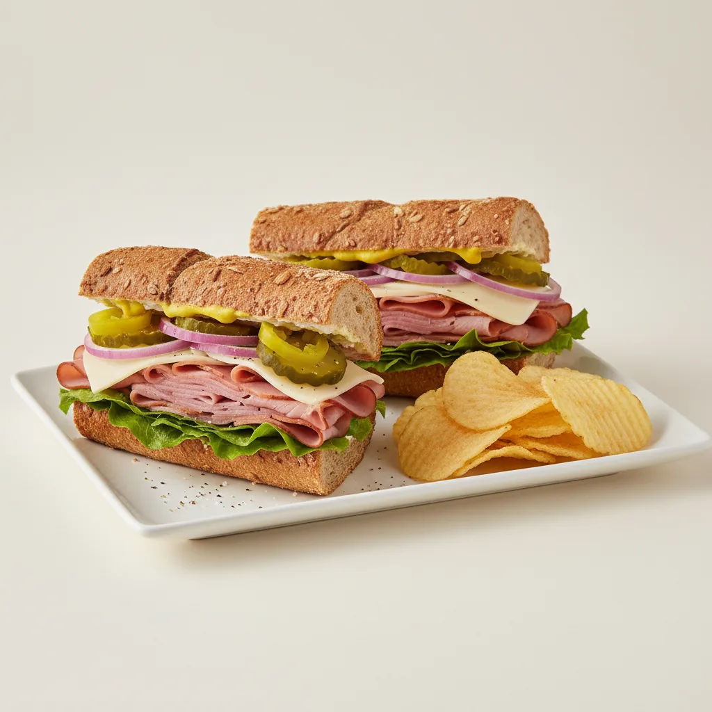 Ham & Swiss Sub on Wheat Bread with Lay's Classic Potato Chips (No Tomatoes) Ham & Swiss Sub on Wheat Bread with Lay's Classic Potato Chips (No Tomatoes)