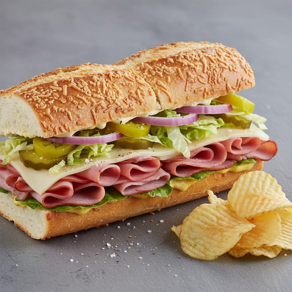 Ham & Swiss Sub on Parmesan Bread with Lay's Classic Potato Chips (No Tomatoes) Ham & Swiss Sub on Parmesan Bread with Lay's Classic Potato Chips (No Tomatoes)
