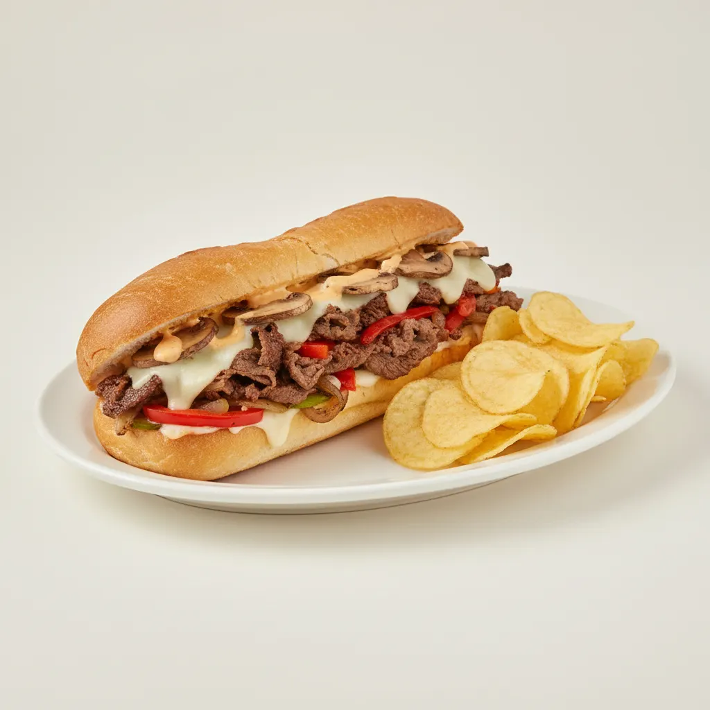 Beef Cheesesteak Sub on White Bread with Lay's Classic Potato Chips Beef Cheesesteak Sub on White Bread with Lay's Classic Potato Chips