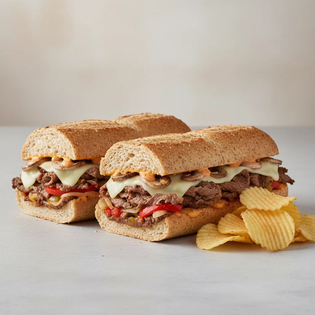 Beef Cheesesteak Sub on Whole Grain Wheat Bread with Lay's Classic Potato Chips Beef Cheesesteak Sub on Whole Grain Wheat Bread with Lay's Classic Potato Chips
