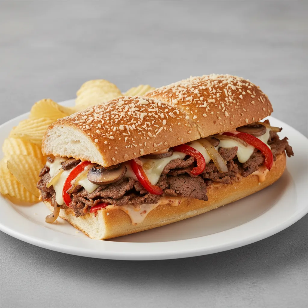 Beef Cheesesteak Sub on Parmesan Bread with Lay's Classic Potato Chips Beef Cheesesteak Sub on Parmesan Bread with Lay's Classic Potato Chips