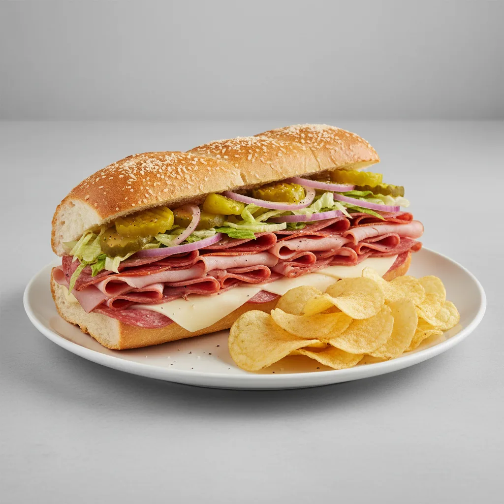 Italian Sub on Parmesan Bread with Lay's Classic Potato Chips (No Tomatoes) Italian Sub on Parmesan Bread with Lay's Classic Potato Chips (No Tomatoes)
