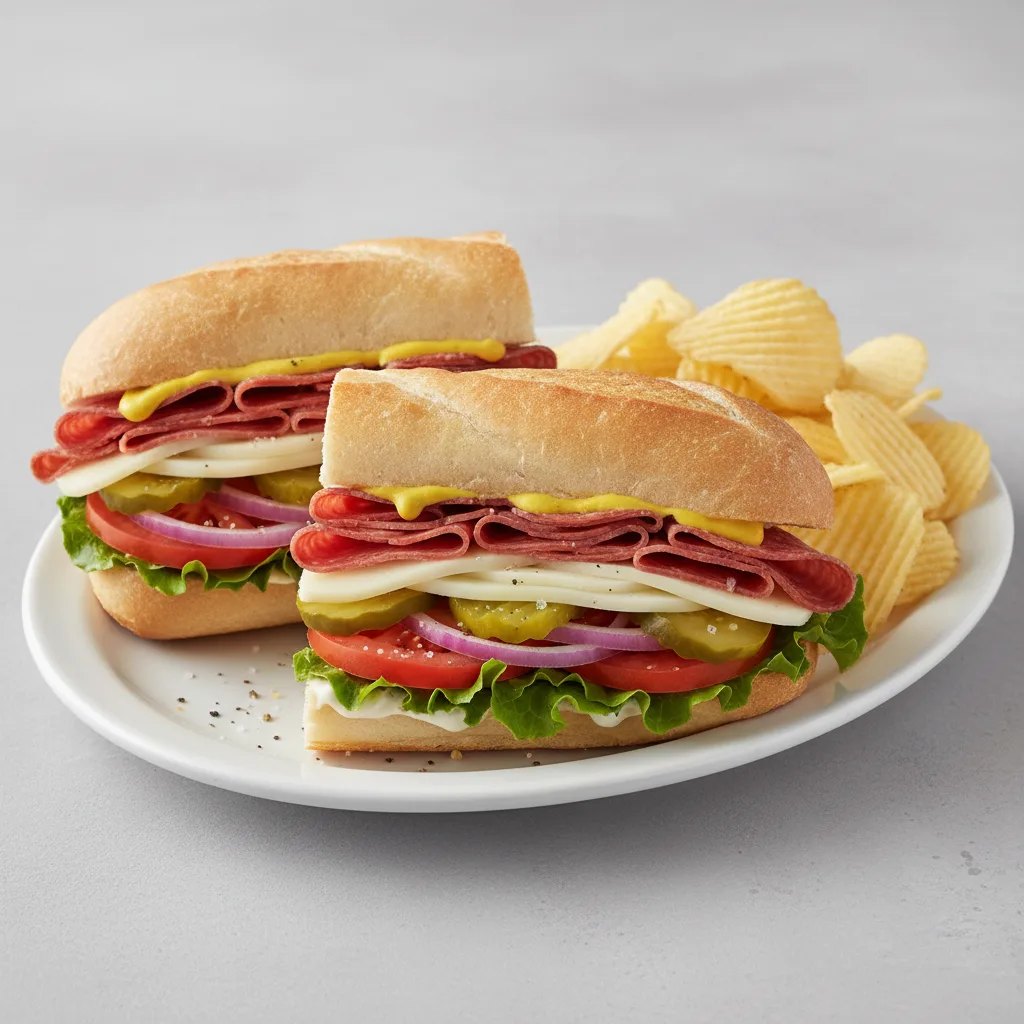Salami and Provolone Sub on White Bread with Lay's Classic Potato Chips Salami and Provolone Sub on White Bread with Lay's Classic Potato Chips