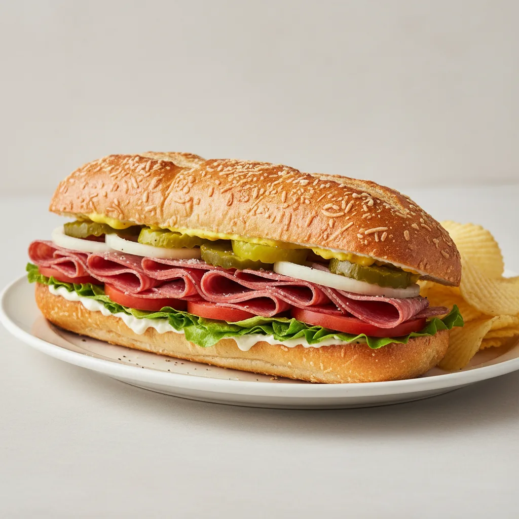 Salami and Provolone Sub on Parmesan Bread with Lay's Classic Potato Chips Salami and Provolone Sub on Parmesan Bread with Lay's Classic Potato Chips