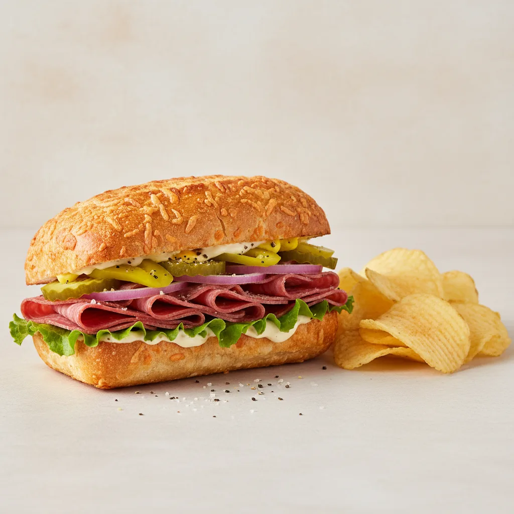 Salami & Provolone on Parmesan Bread w/ Lay's Classic Potato Chips (No Tomatoes) Salami & Provolone on Parmesan Bread w/ Lay's Classic Potato Chips (No Tomatoes)