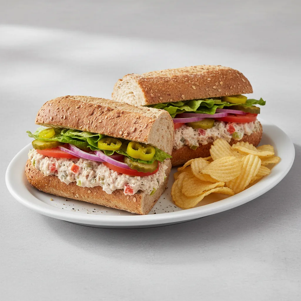 Albacore Tuna Sub on Whole Grain Wheat Bread with Lay's Classic Potato Chips Albacore Tuna Sub on Whole Grain Wheat Bread with Lay's Classic Potato Chips