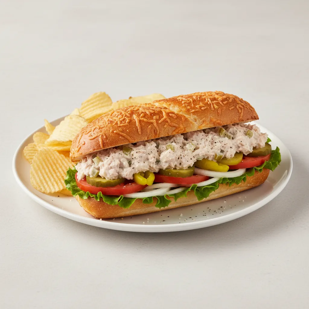 Albacore Tuna Sub on Parmesan Bread with Lay's Classic Potato Chips Albacore Tuna Sub on Parmesan Bread with Lay's Classic Potato Chips