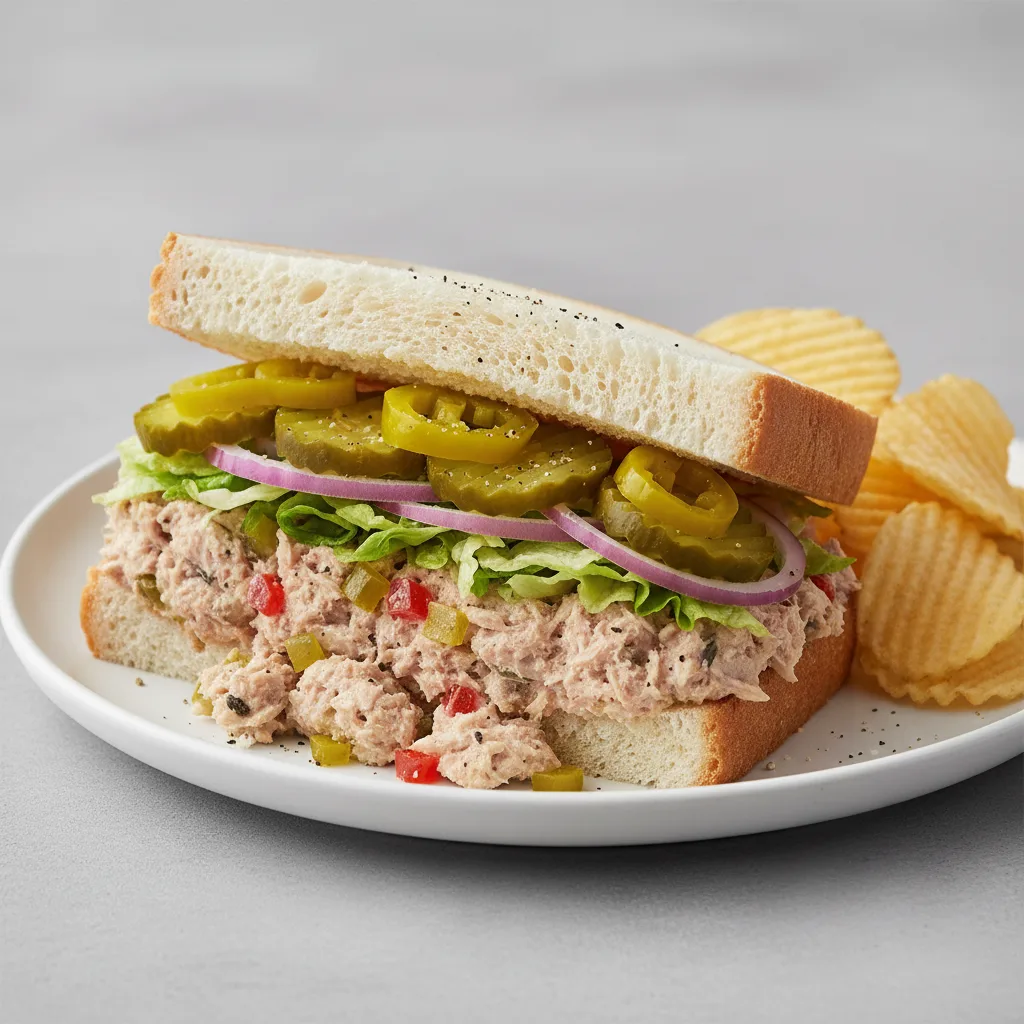 Albacore Tuna Sub on White Bread with Lay's Classic Potato Chips (No Tomatoes) Albacore Tuna Sub on White Bread with Lay's Classic Potato Chips (No Tomatoes)