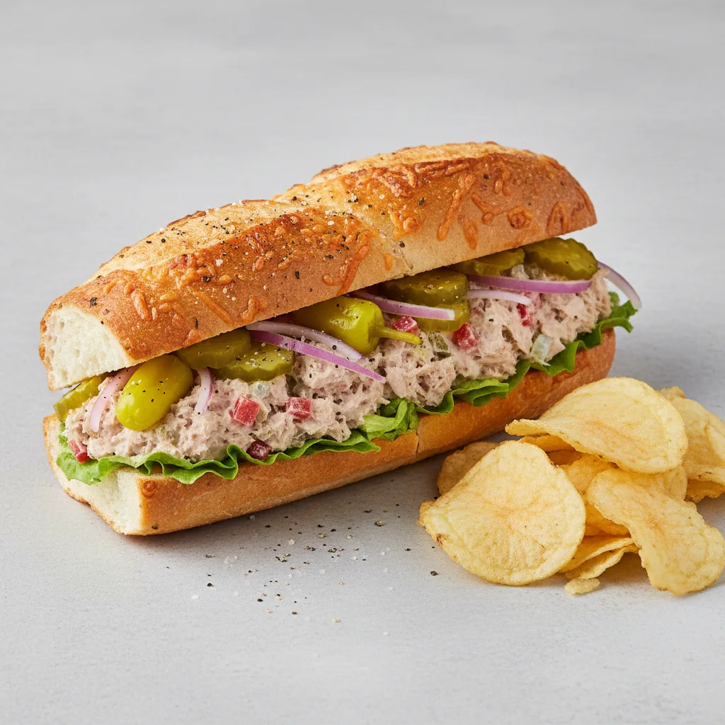 Albacore Tuna Sub on Parmesan Bread w/ Lay's Classic Potato Chips (No Tomatoes) Albacore Tuna Sub on Parmesan Bread w/ Lay's Classic Potato Chips (No Tomatoes)