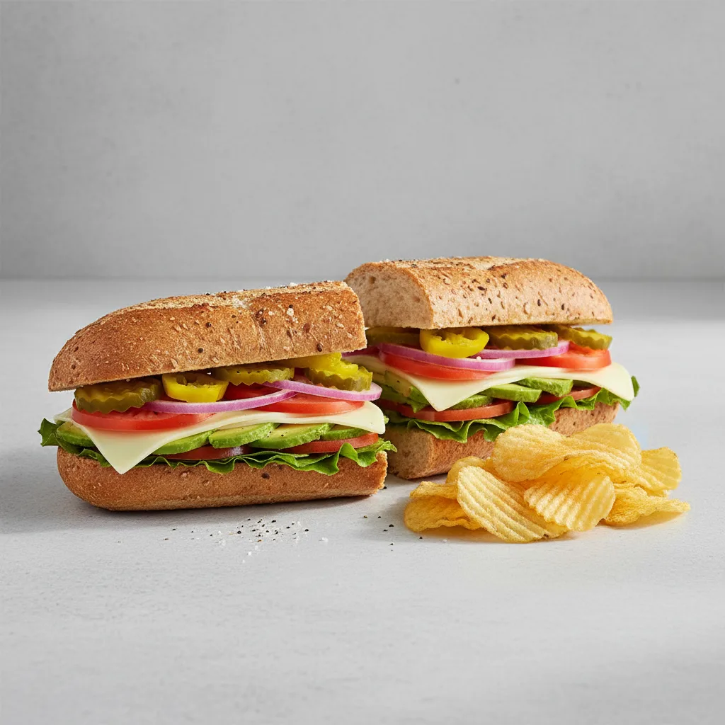 Vegetarian Sub on Whole Grain Wheat Bread with Lay's Classic Potato Chips Vegetarian Sub on Whole Grain Wheat Bread with Lay's Classic Potato Chips