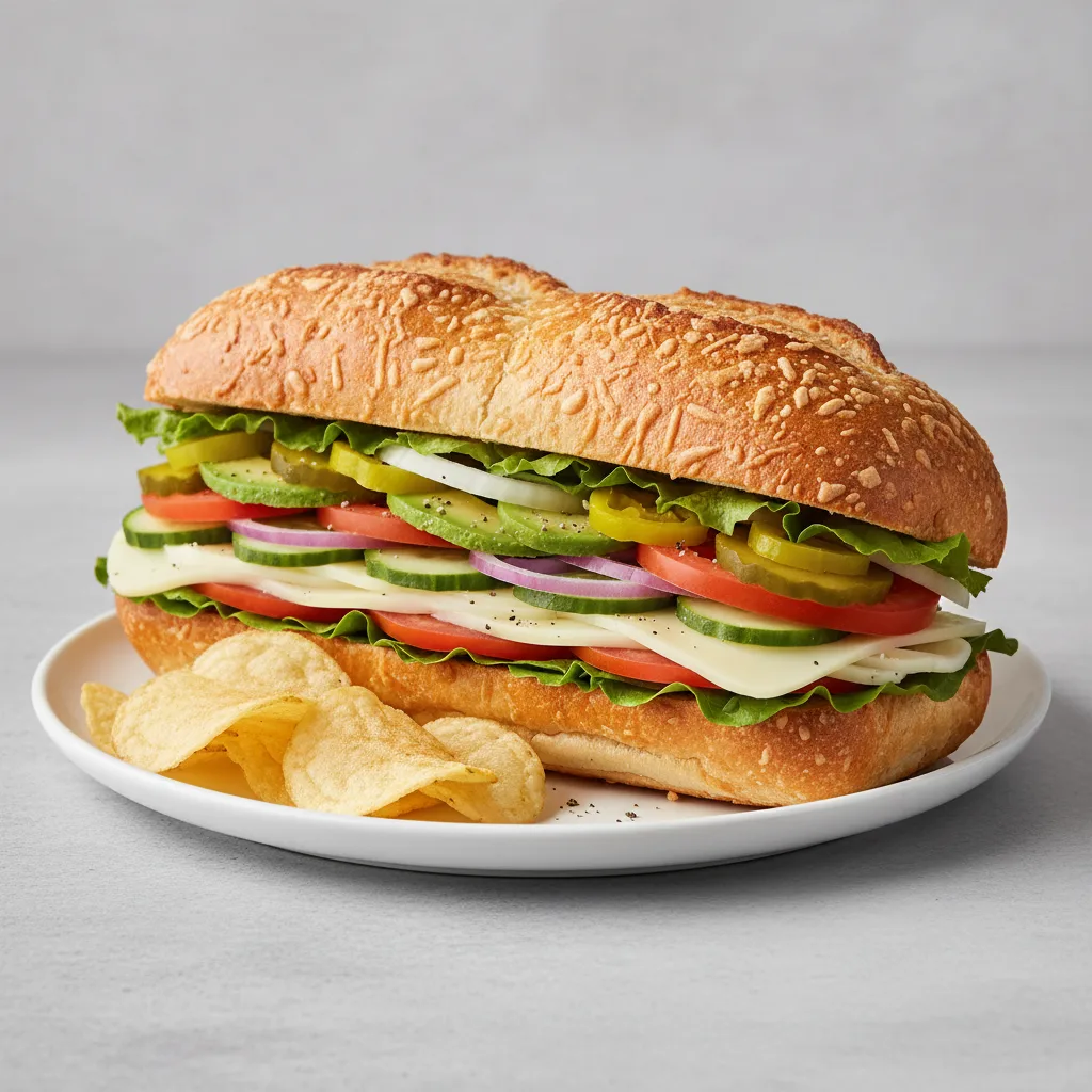 Vegetarian Sub on Parmesan Bread with Lay's Classic Potato Chips Vegetarian Sub on Parmesan Bread with Lay's Classic Potato Chips