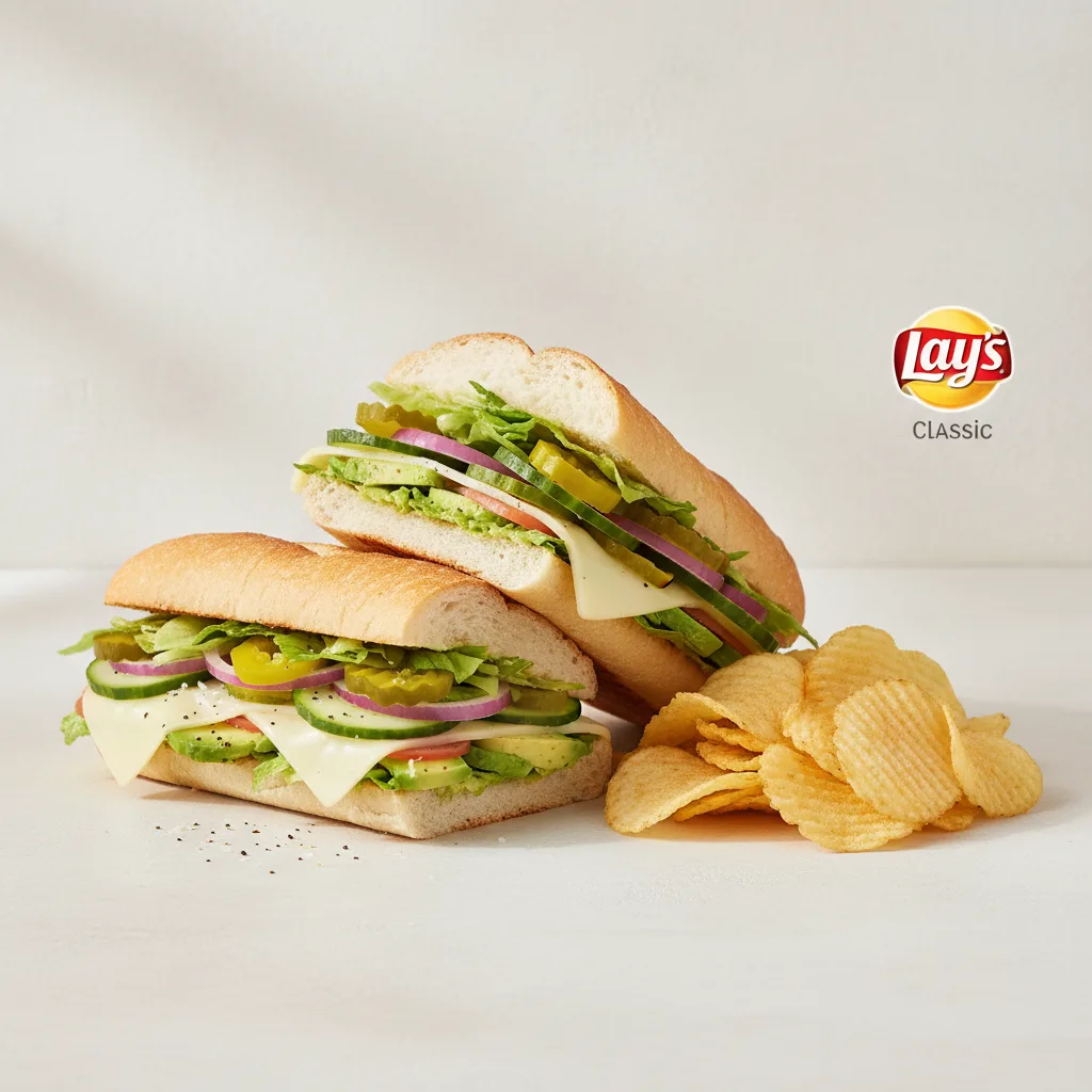 Vegetarian Sub on White Bread with Lay's Classic Potato Chips (No Tomatoes) Vegetarian Sub on White Bread with Lay's Classic Potato Chips (No Tomatoes)