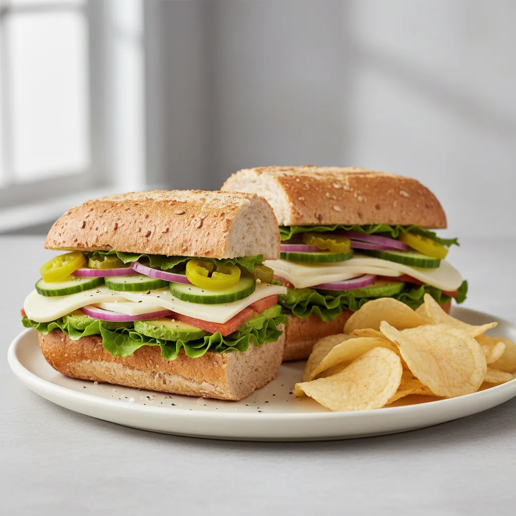 Vegetarian Sub on Wheat Bread with Lay's Classic Potato Chips (No Tomatoes) Vegetarian Sub on Wheat Bread with Lay's Classic Potato Chips (No Tomatoes)