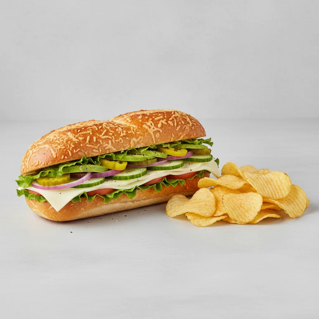 Vegetarian Sub on Parmesan Bread with Lay's Classic Potato Chips (No Tomatoes) Vegetarian Sub on Parmesan Bread with Lay's Classic Potato Chips (No Tomatoes)