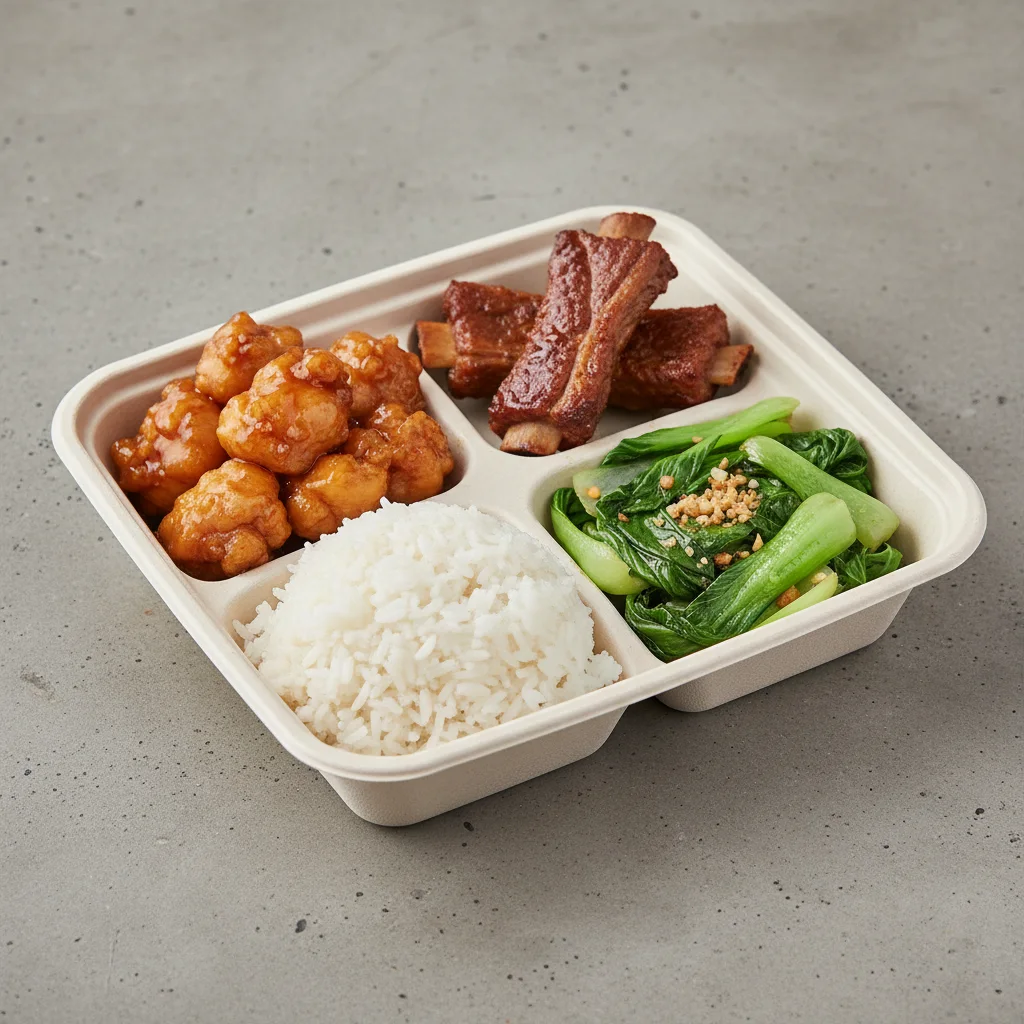 Orange Chicken, Spare Ribs, Steamed Jasmine Rice, Bok Choy and Garlic Orange Chicken, Spare Ribs, Steamed Jasmine Rice, Bok Choy and Garlic