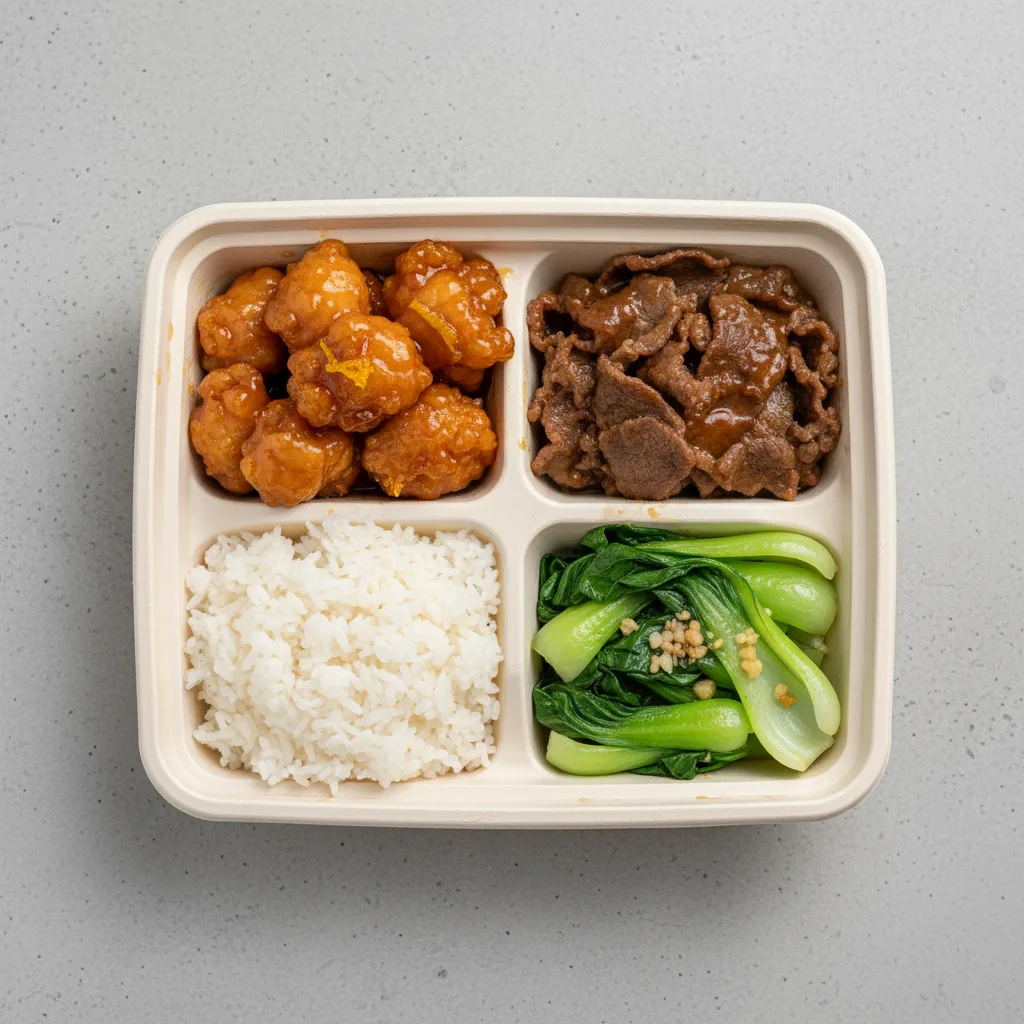 Orange Chicken, Beef & Oyster Sauce, Steamed Jasmine Rice, Bok Choy & Garlic Orange Chicken, Beef & Oyster Sauce, Steamed Jasmine Rice, Bok Choy & Garlic