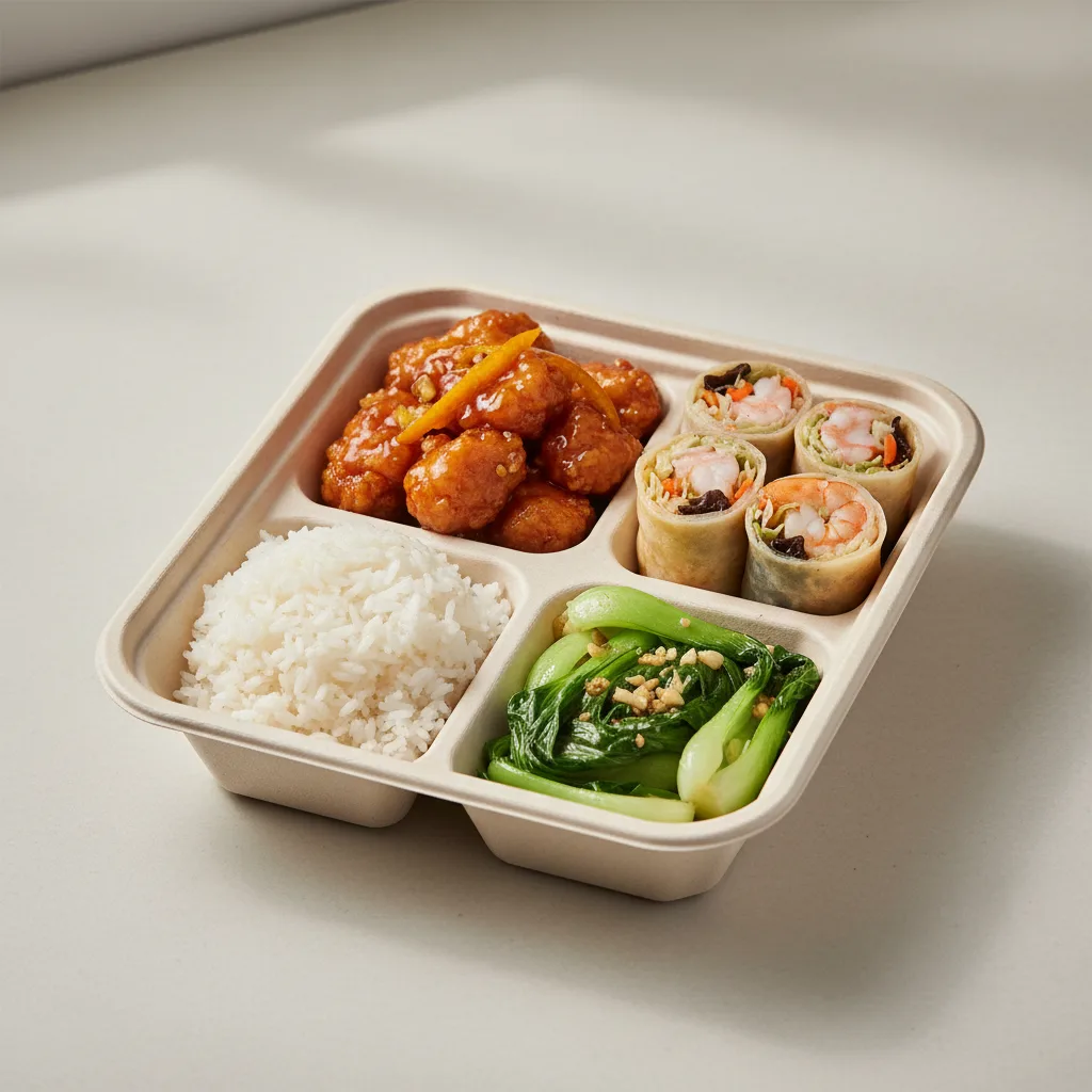 Orange Chicken, MuShu Prawns, Steamed Jasmine Rice, Bok Choy and Garlic Orange Chicken, MuShu Prawns, Steamed Jasmine Rice, Bok Choy and Garlic