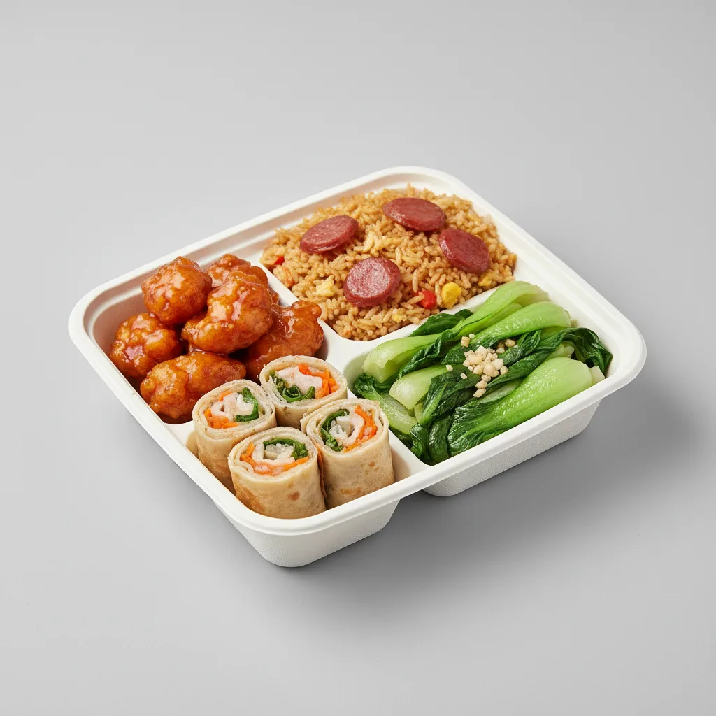Orange Chicken, MuShu Prawns, Chinese Sausage Fried Rice, Bok Choy and Garlic Orange Chicken, MuShu Prawns, Chinese Sausage Fried Rice, Bok Choy and Garlic