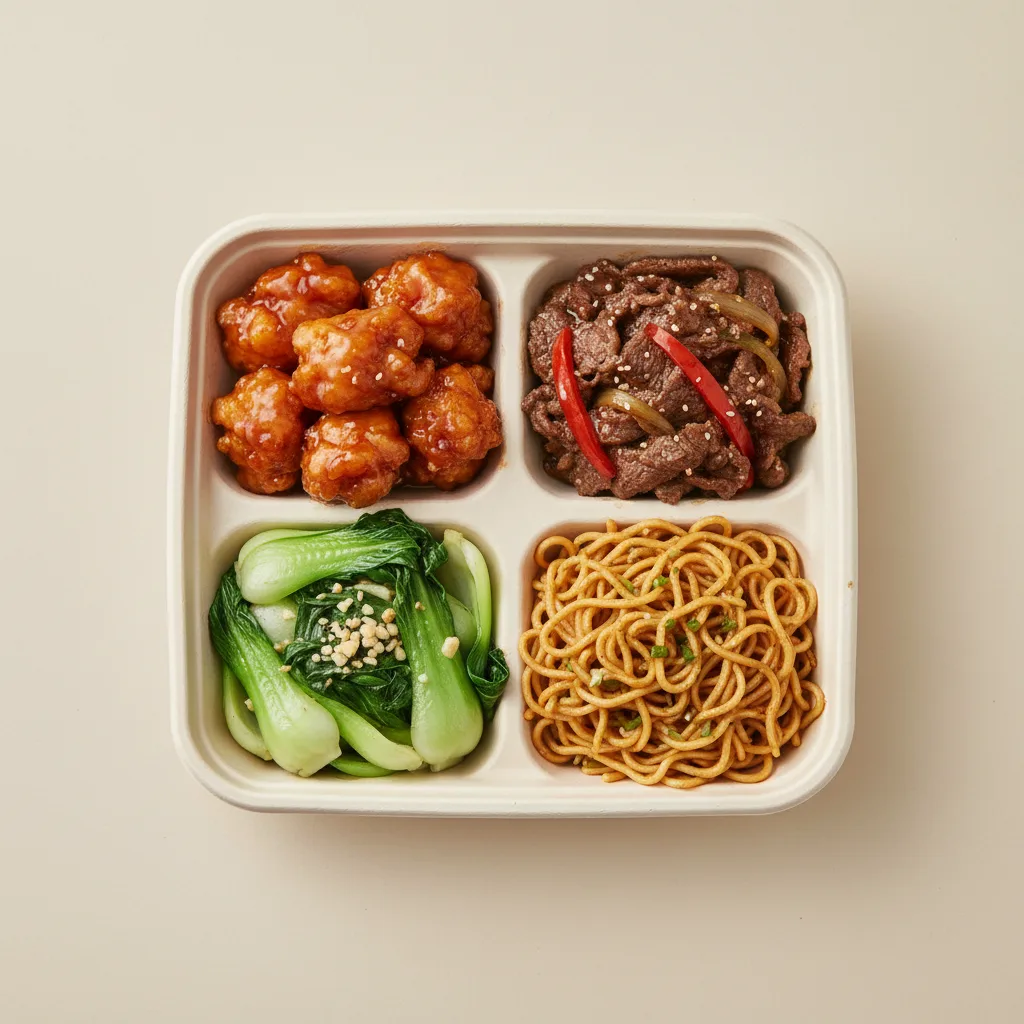 Orange Chicken, Mongolian Beef, Garlic Noodles, Bok Choy and Garlic Orange Chicken, Mongolian Beef, Garlic Noodles, Bok Choy and Garlic