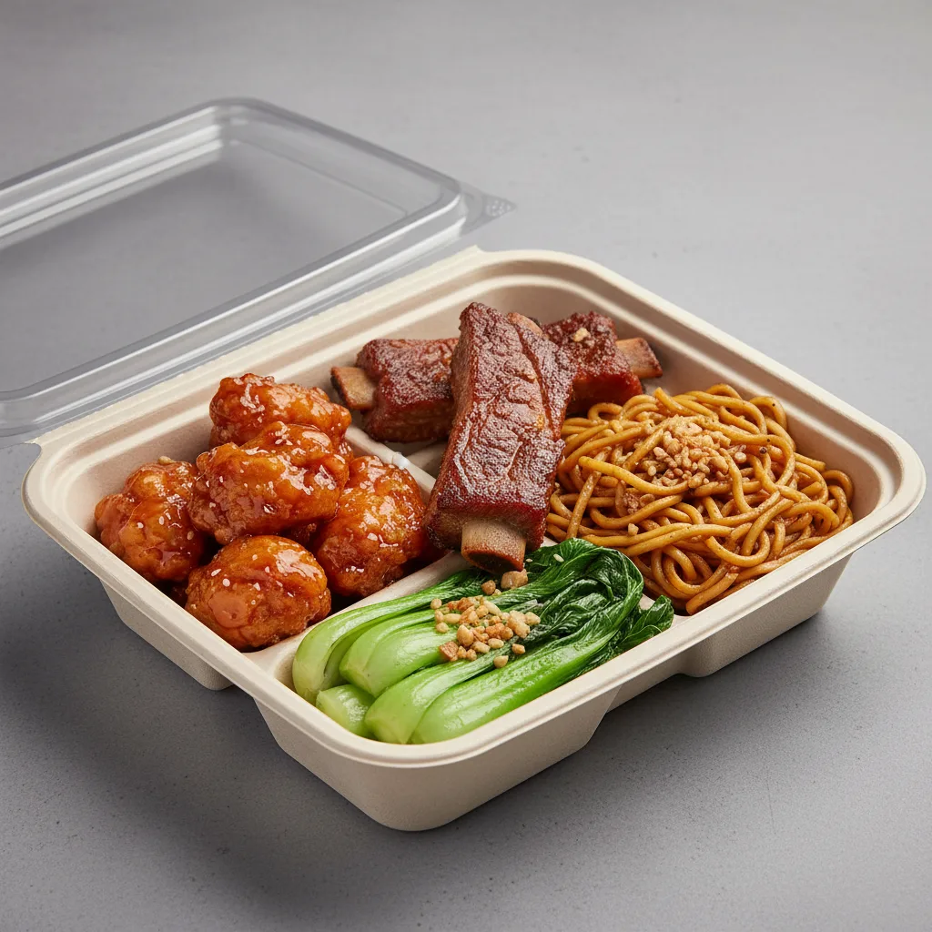 Orange Chicken, Spare Ribs, Garlic Noodles, Bok Choy and Garlic Orange Chicken, Spare Ribs, Garlic Noodles, Bok Choy and Garlic