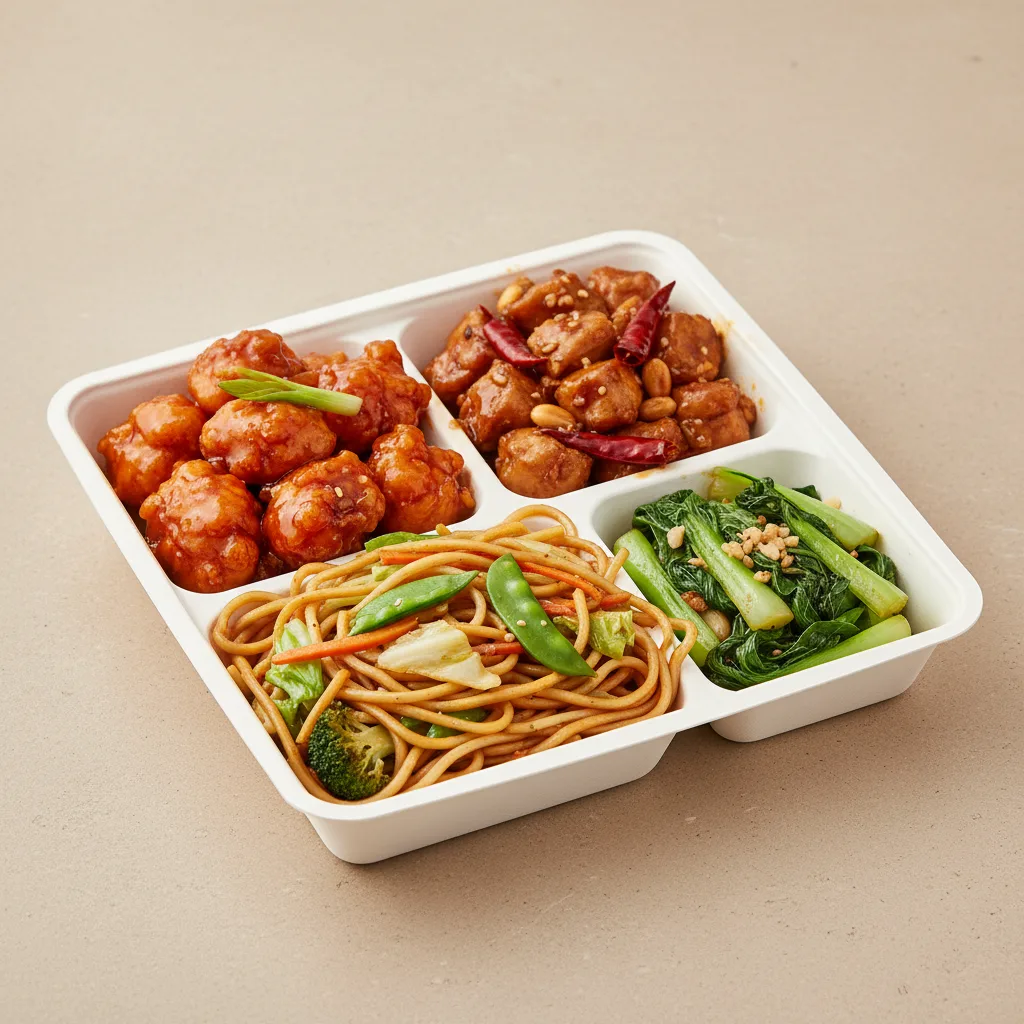 Orange Chicken, Kung Pao Chicken, Vegetable Chow Mein, Bok Choy and Garlic Orange Chicken, Kung Pao Chicken, Vegetable Chow Mein, Bok Choy and Garlic