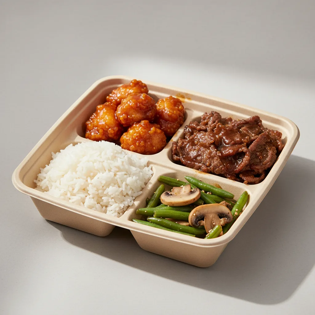 Orange Chicken, Mongolian Beef, Steamed Jasmine Rice, Green Beans & Mushrooms Orange Chicken, Mongolian Beef, Steamed Jasmine Rice, Green Beans & Mushrooms