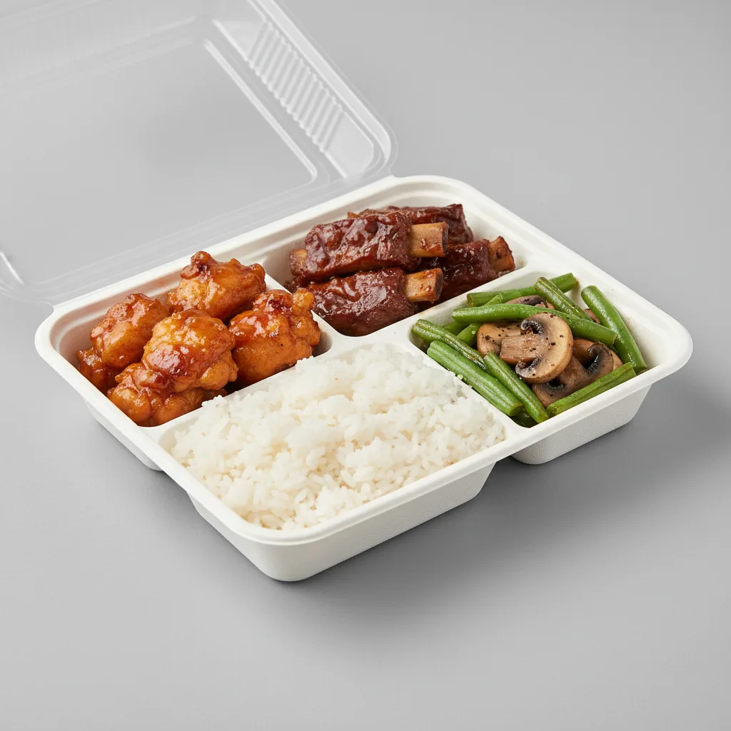 Orange Chicken, Spare Ribs, Steamed Jasmine Rice, Green Beans & Mushrooms Orange Chicken, Spare Ribs, Steamed Jasmine Rice, Green Beans & Mushrooms