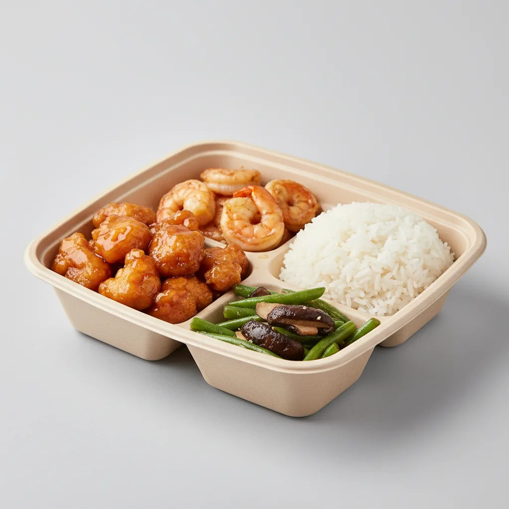 Orange Chicken, MuShu Prawns, Steamed Jasmine Rice, Green Beans & Mushrooms Orange Chicken, MuShu Prawns, Steamed Jasmine Rice, Green Beans & Mushrooms