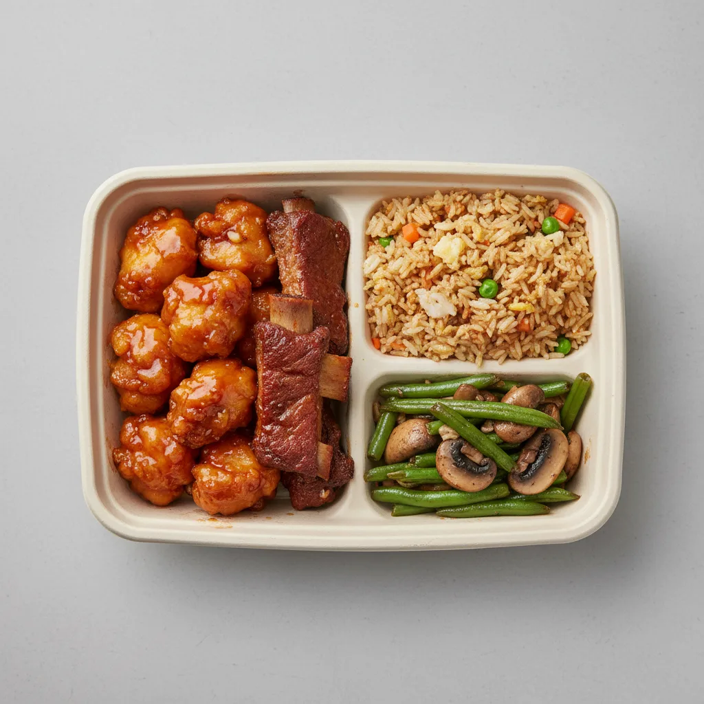 Orange Chicken, Spare Ribs, Vegetable Fried Rice, Green Beans & Mushrooms Orange Chicken, Spare Ribs, Vegetable Fried Rice, Green Beans & Mushrooms