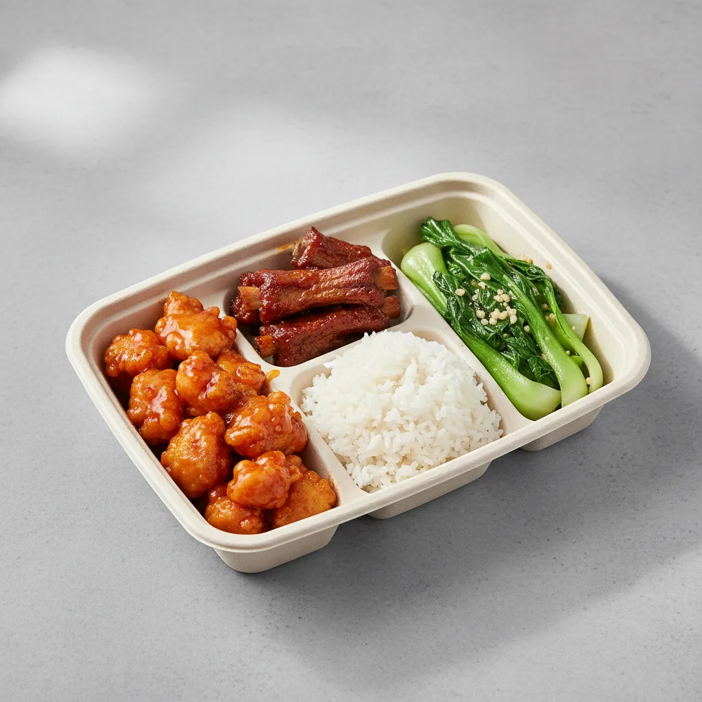 Sweet & Sour Chicken, Spare Ribs, Steamed Jasmine Rice, Bok Choy and Garlic Sweet & Sour Chicken, Spare Ribs, Steamed Jasmine Rice, Bok Choy and Garlic