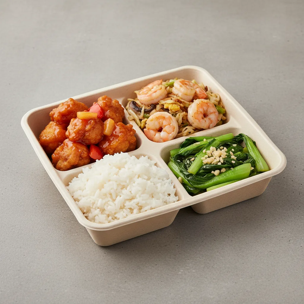 Sweet & Sour Chicken, MuShu Prawns, Steamed Jasmine Rice, Bok Choy and Garlic Sweet & Sour Chicken, MuShu Prawns, Steamed Jasmine Rice, Bok Choy and Garlic