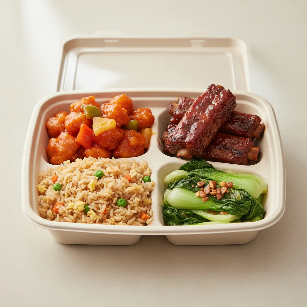 Sweet & Sour Chicken, Spare Ribs, Vegetable Fried Rice, Bok Choy and Garlic Sweet & Sour Chicken, Spare Ribs, Vegetable Fried Rice, Bok Choy and Garlic