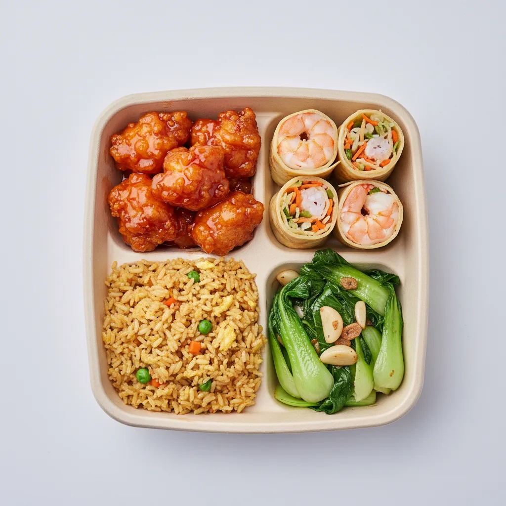 Sweet & Sour Chicken, MuShu Prawns, Vegetable Fried Rice, Bok Choy and Garlic Sweet & Sour Chicken, MuShu Prawns, Vegetable Fried Rice, Bok Choy and Garlic