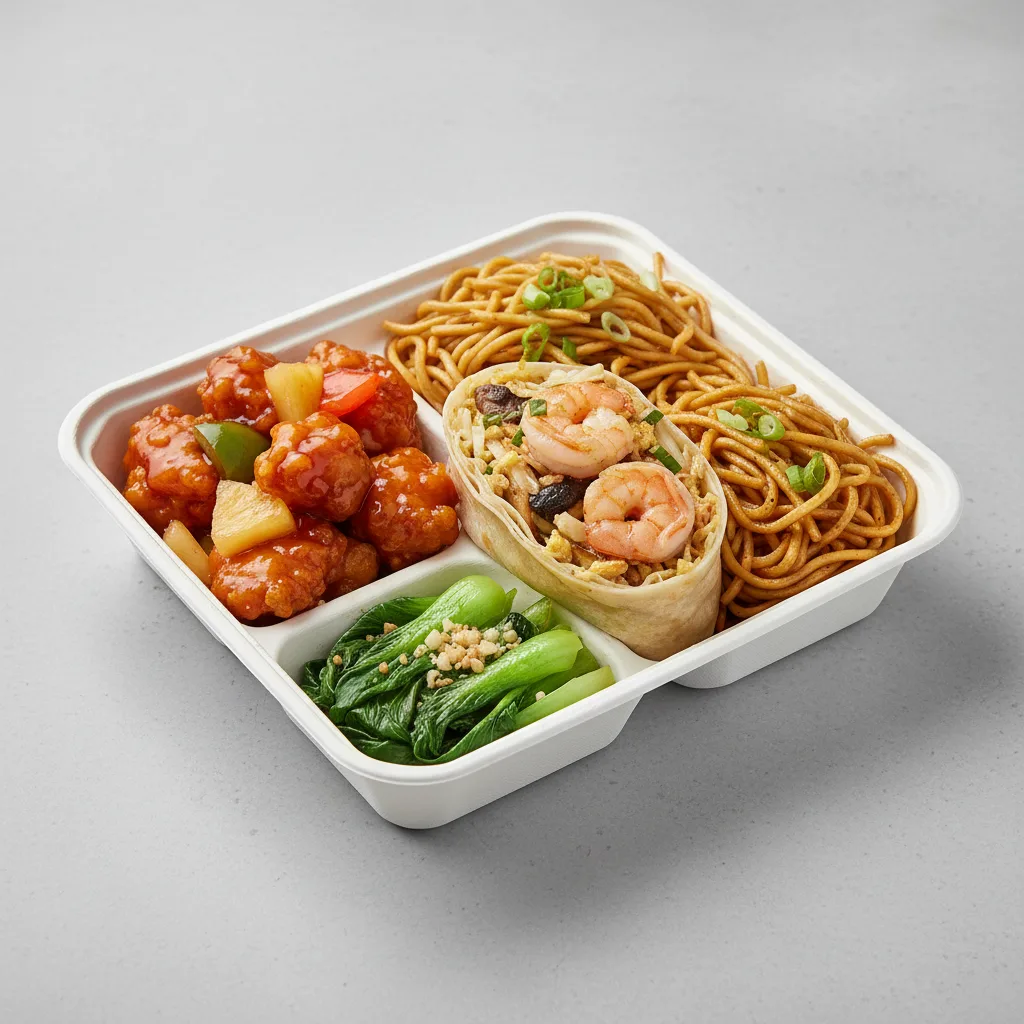 Sweet & Sour Chicken, MuShu Prawns , Garlic Noodles, Bok Choy and Garlic Sweet & Sour Chicken, MuShu Prawns , Garlic Noodles, Bok Choy and Garlic