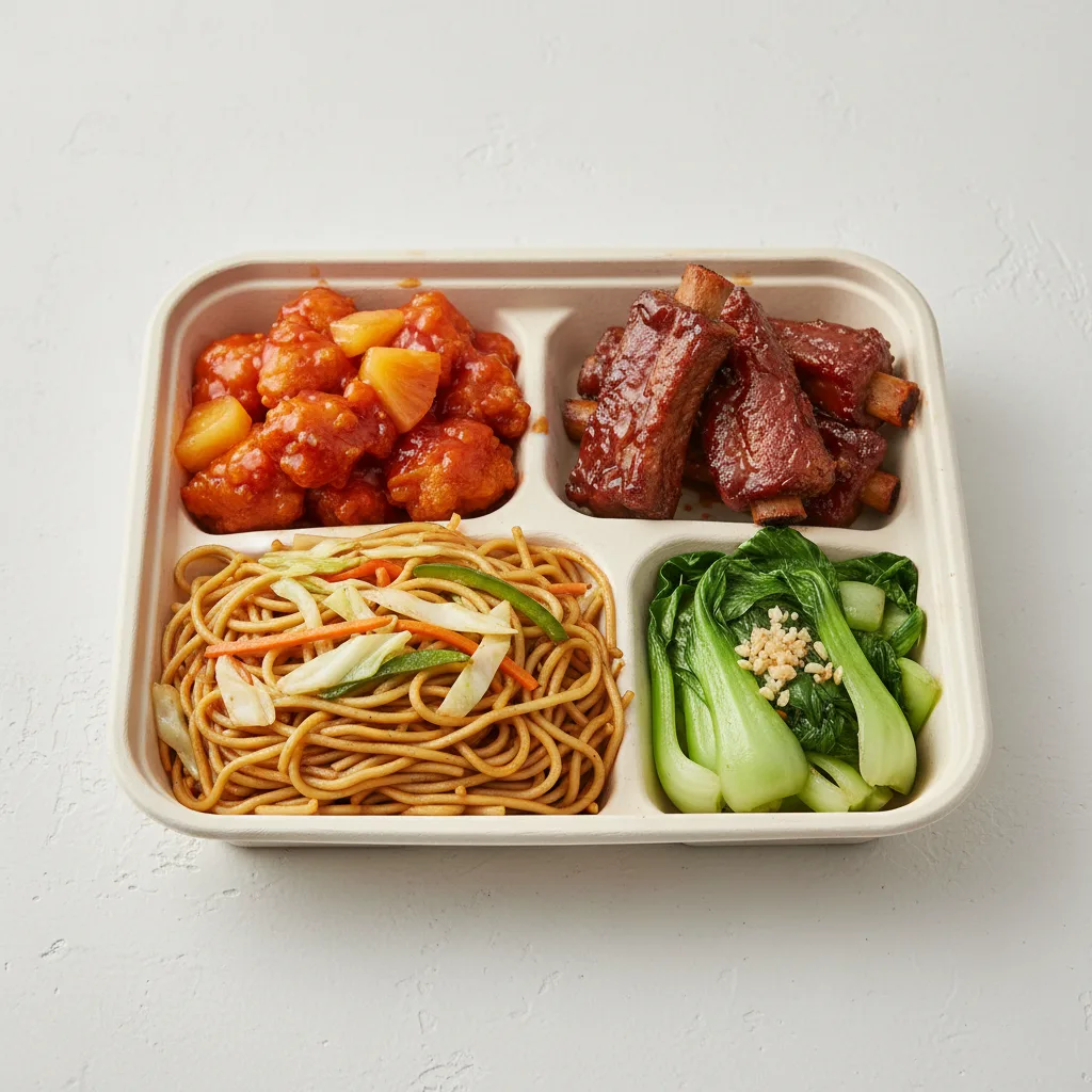 Sweet & Sour Chicken, Spare Ribs, Vegetable Chow Mein, Bok Choy and Garlic Sweet & Sour Chicken, Spare Ribs, Vegetable Chow Mein, Bok Choy and Garlic