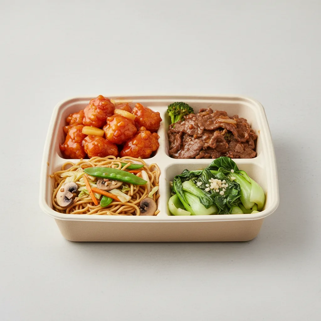 Sweet & Sour Chicken, Beef & Oyster Sauce, Veggie Chow Mein, Bok Choy & Garlic Sweet & Sour Chicken, Beef & Oyster Sauce, Veggie Chow Mein, Bok Choy & Garlic