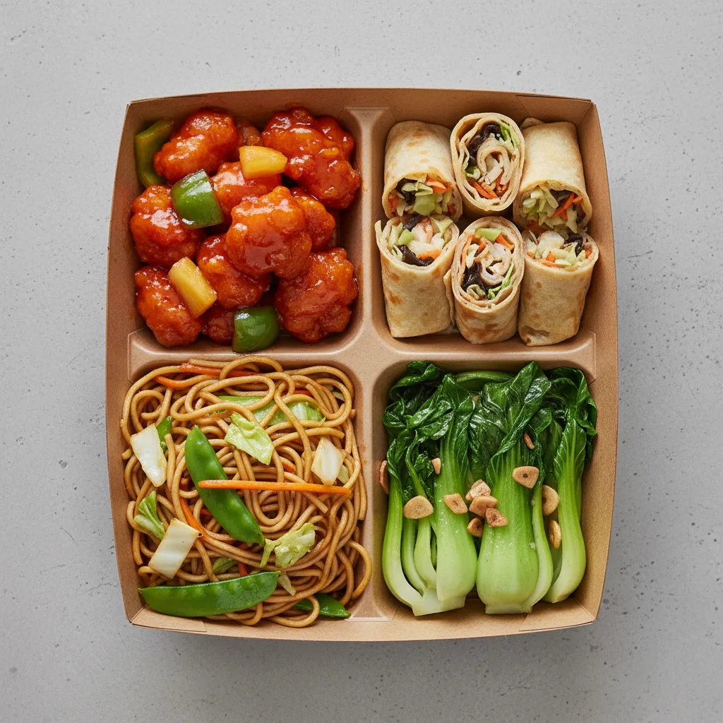 Sweet & Sour Chicken, MuShu Prawns , Vegetable Chow Mein, Bok Choy and Garlic Sweet & Sour Chicken, MuShu Prawns , Vegetable Chow Mein, Bok Choy and Garlic
