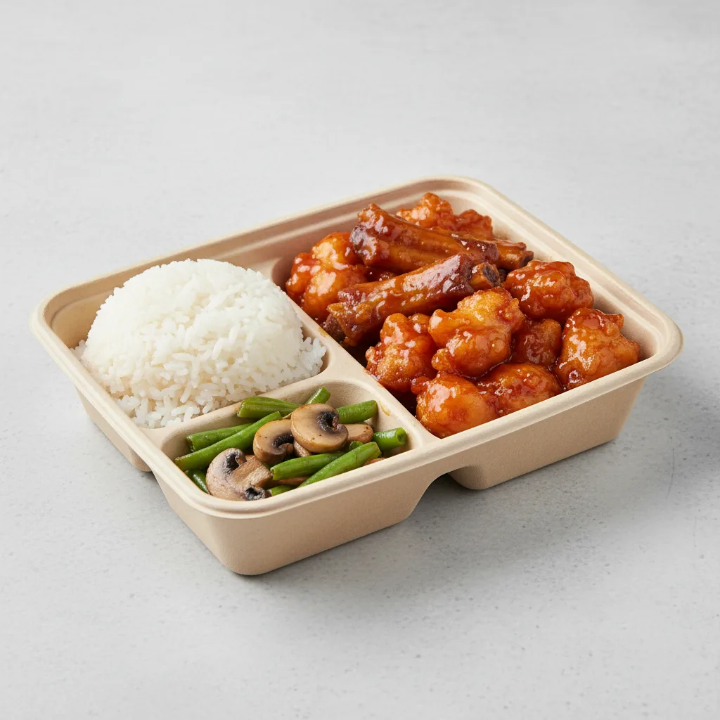 Sweet & Sour Chicken, Spare Ribs, Steamed Jasmine Rice, Green Beans & Mushrooms Sweet & Sour Chicken, Spare Ribs, Steamed Jasmine Rice, Green Beans & Mushrooms