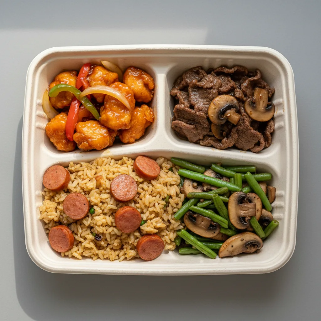 Orange Chicken, Beef & Oyster Sauce, Sausage Fried Rice, Green Bean & Mushroom Orange Chicken, Beef & Oyster Sauce, Sausage Fried Rice, Green Bean & Mushroom